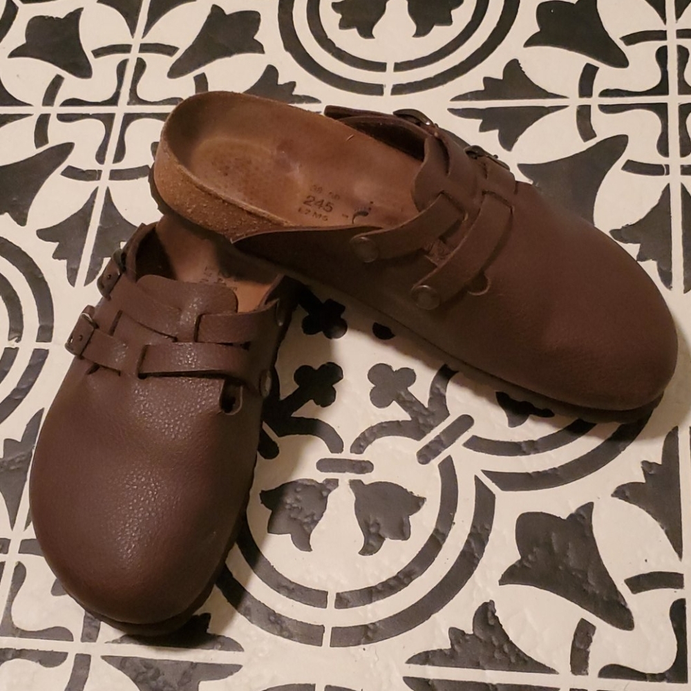 Birki's Birkenstock two strap slip on brown shoes